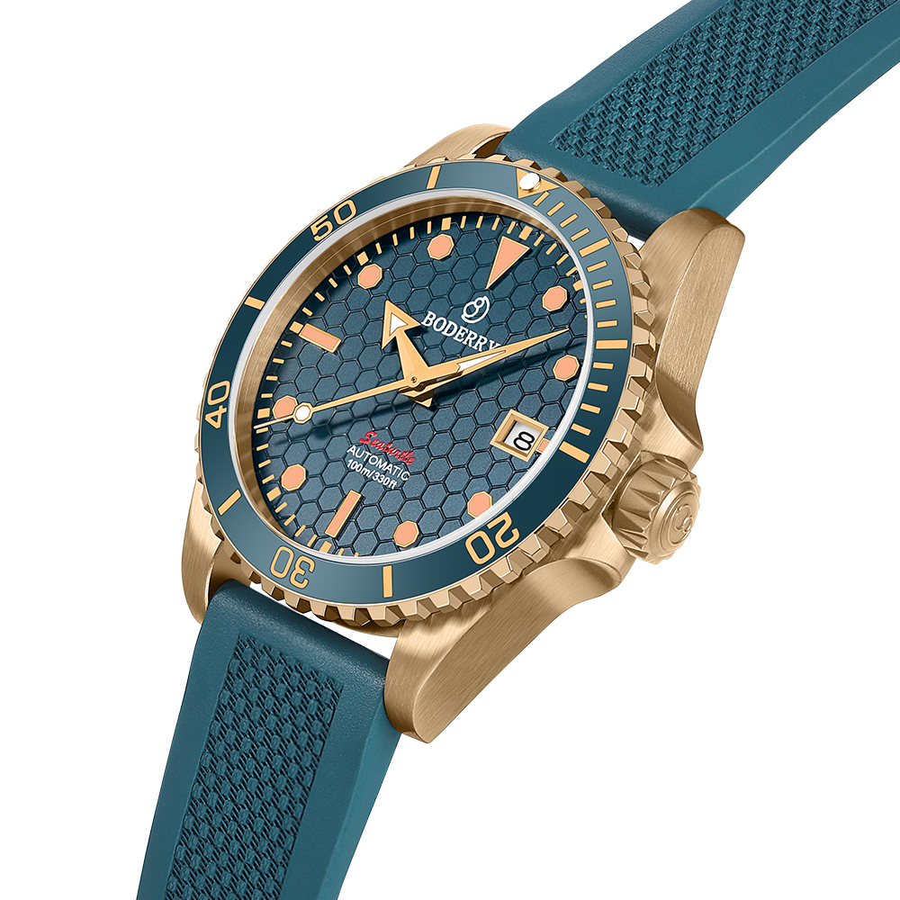 BODERRY - SEATURTLE.OCEAN - Bronze Automatic Diver Watch | Sea Blue/FKM Rubber