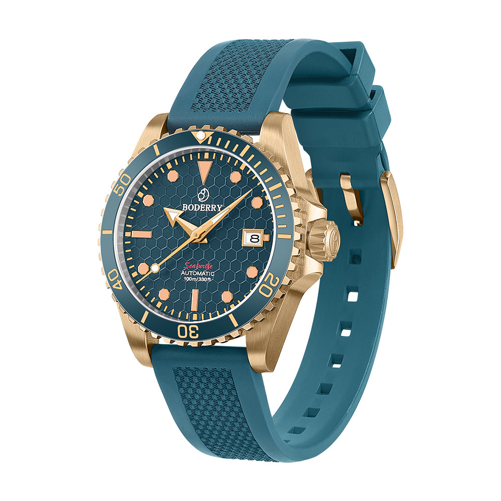 BODERRY - SEATURTLE.OCEAN - Bronze Automatic Diver Watch | Sea Blue/FKM Rubber