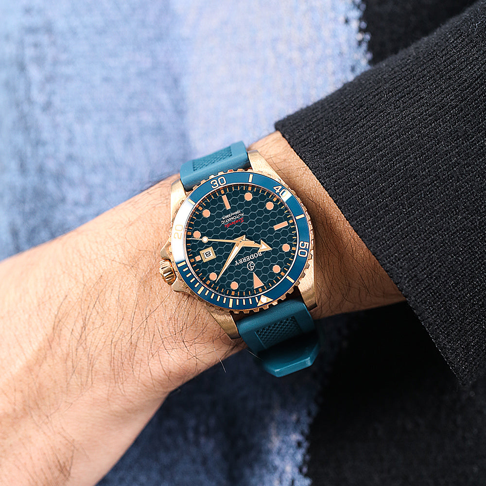 BODERRY - SEATURTLE.OCEAN - Bronze Automatic Diver Watch | Sea Blue/FKM Rubber