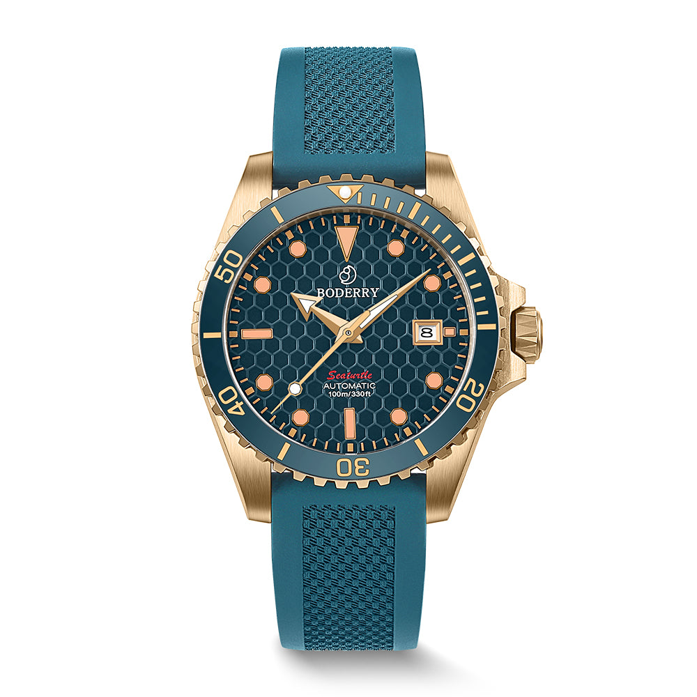 BODERRY - SEATURTLE.OCEAN - Bronze Automatic Diver Watch | Sea Blue/FKM Rubber