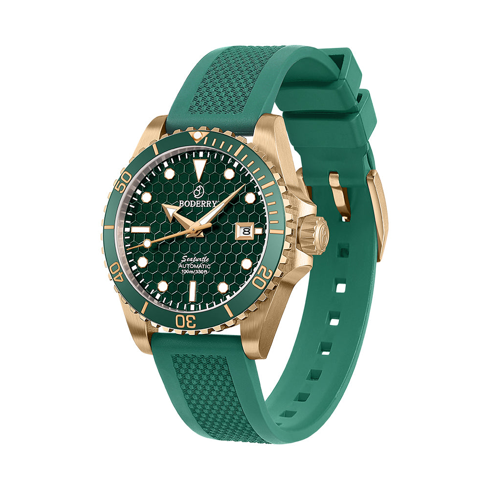 BODERRY - SEATURTLE.OCEAN - Bronze Automatic Diver Watch | Turtle Green/FKM Rubber