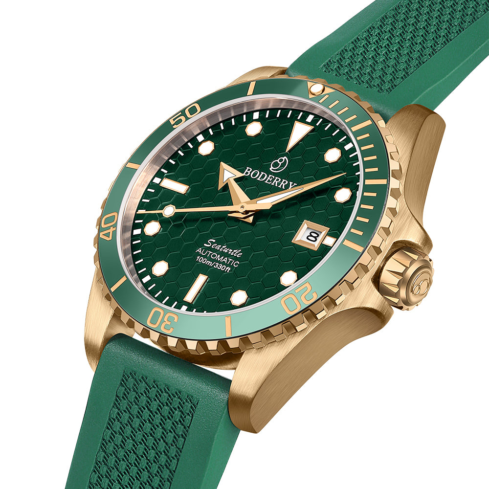 BODERRY - SEATURTLE.OCEAN - Bronze Automatic Diver Watch | Turtle Green/FKM Rubber