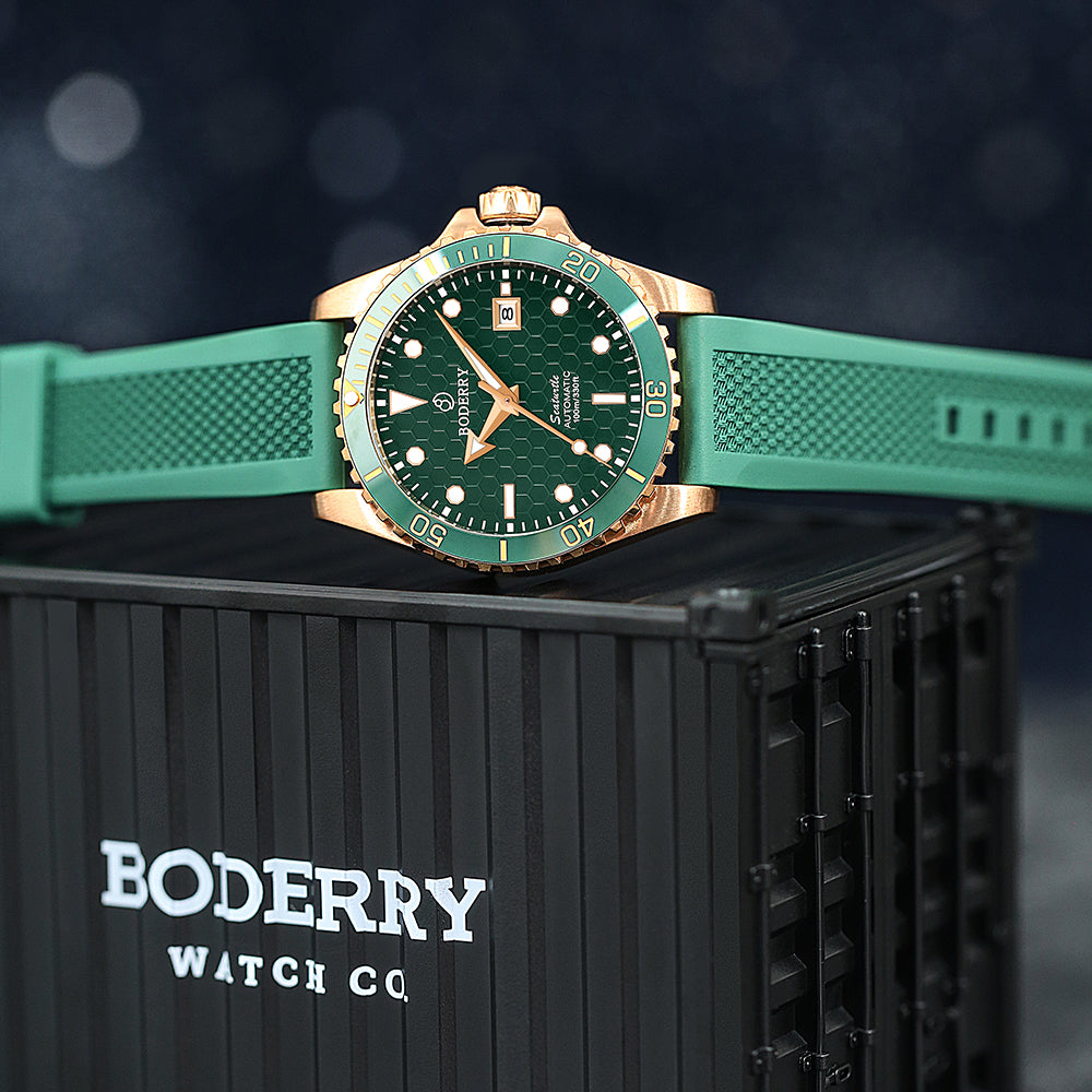 BODERRY - SEATURTLE.OCEAN - Bronze Automatic Diver Watch | Turtle Green/FKM Rubber
