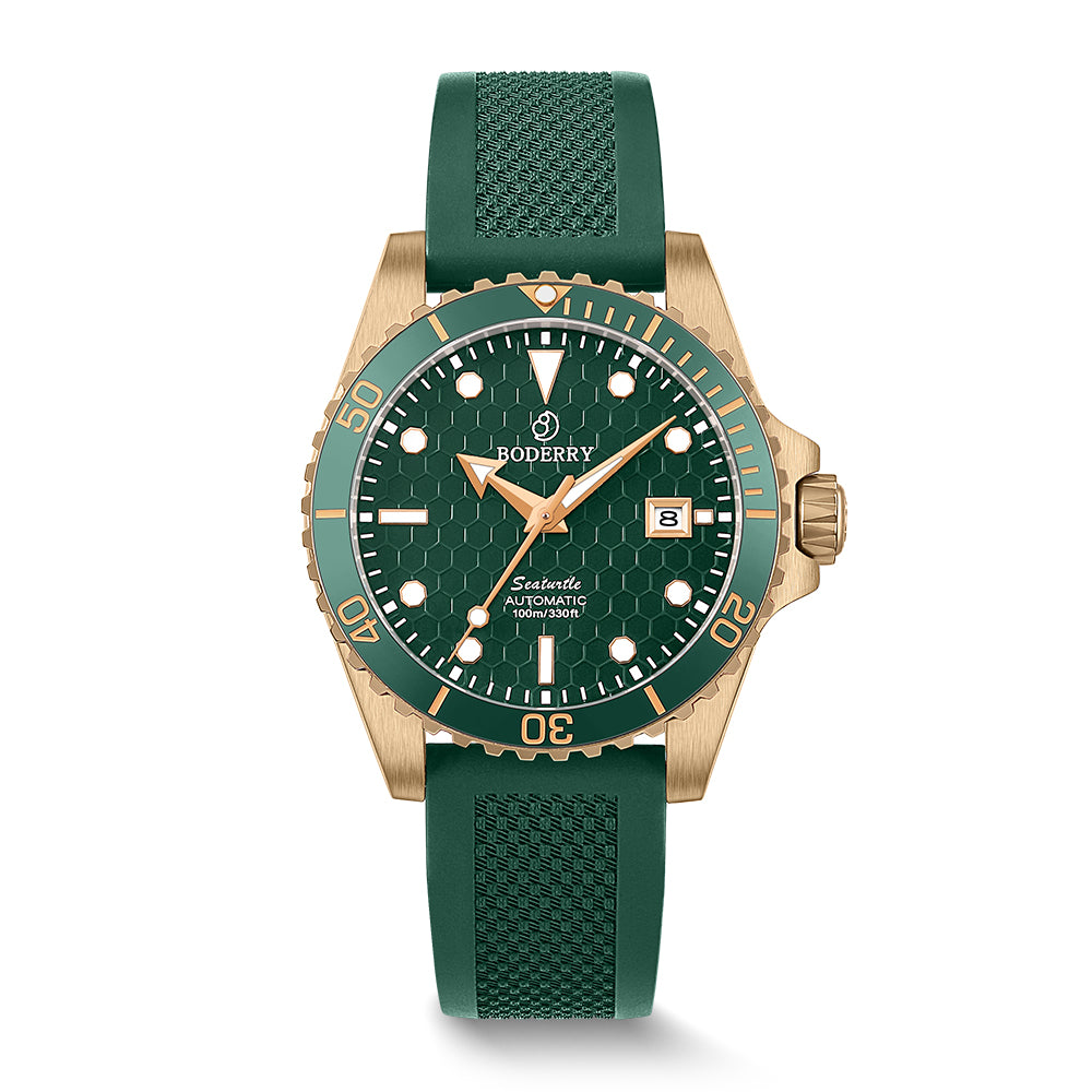 BODERRY - SEATURTLE.OCEAN - Bronze Automatic Diver Watch | Turtle Green/FKM Rubber