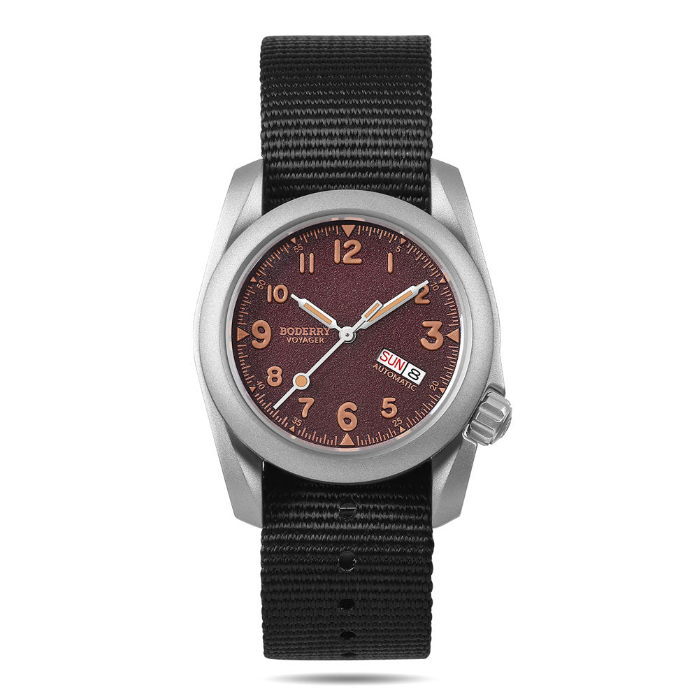 BODERRY - VOYAGER - Titanium Automatic Field Watch | Claret-Day,Date