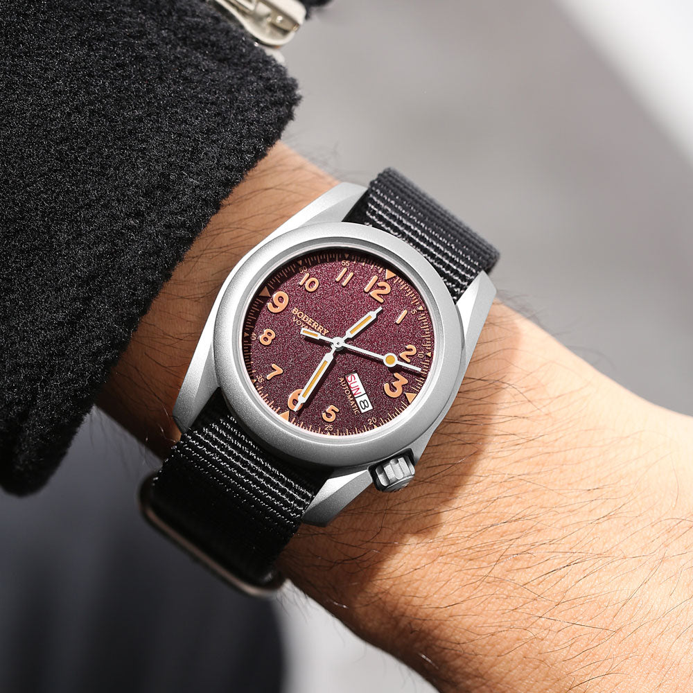 BODERRY - VOYAGER - Titanium Automatic Field Watch | Claret-Day,Date