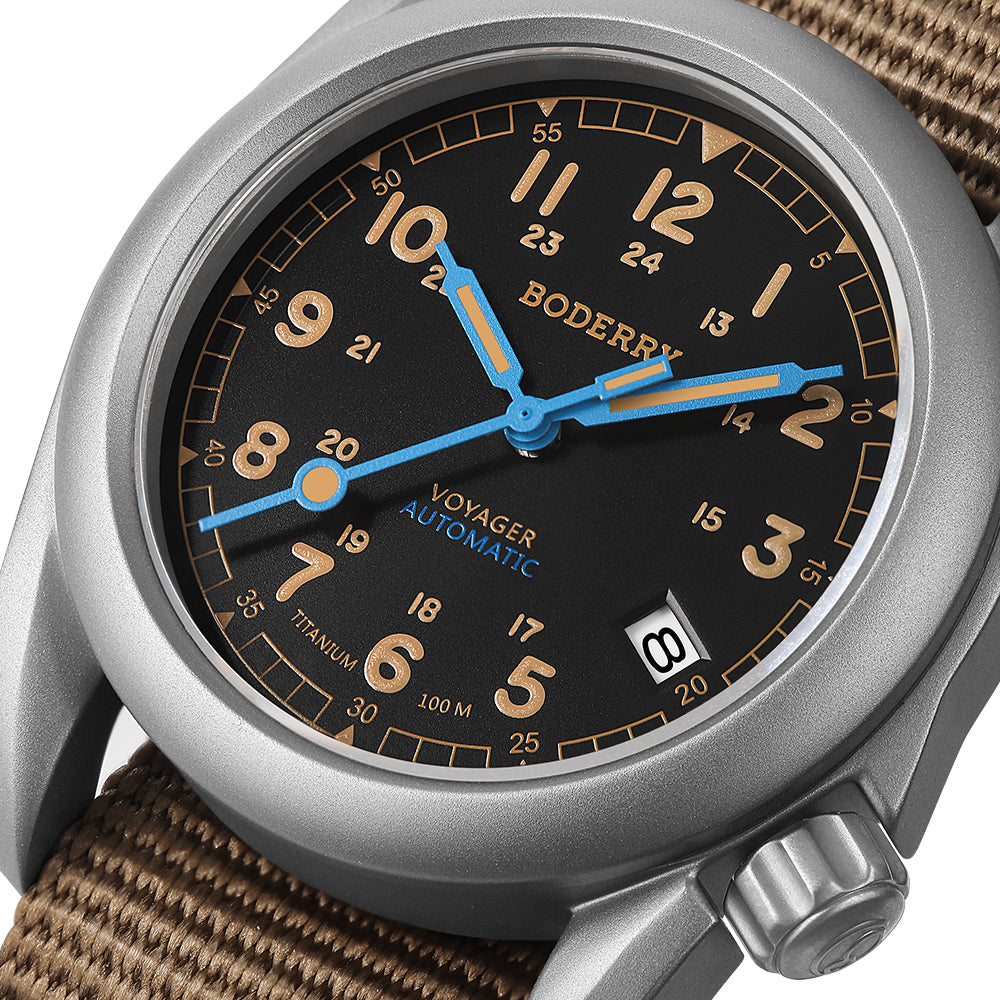 BODERRY - VOYAGER - Titanium Automatic Field Watch | Vintage Noir-bracelet