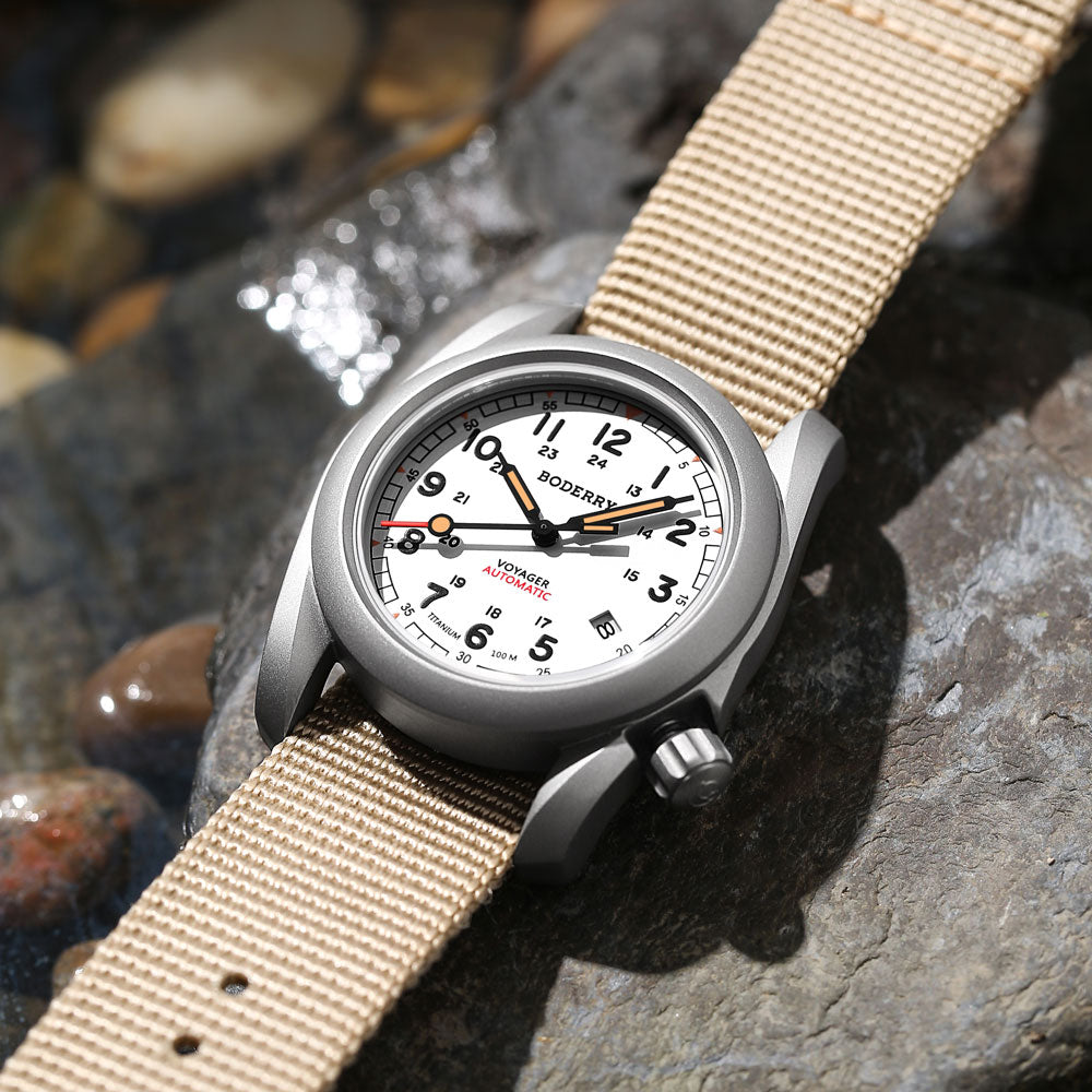BODERRY - VOYAGER - Titanium Automatic Field Watch | White