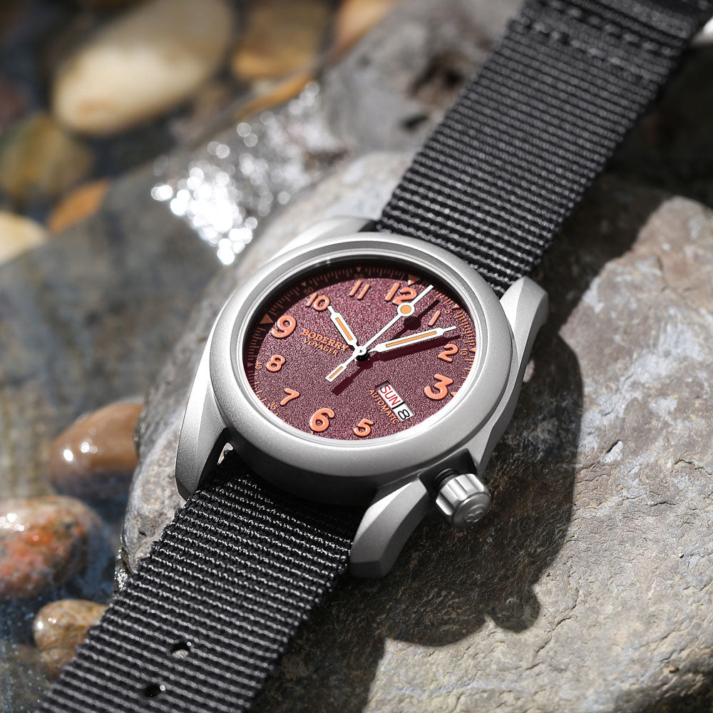 BODERRY - VOYAGER - Titanium Automatic Field Watch | Claret-Day,Date