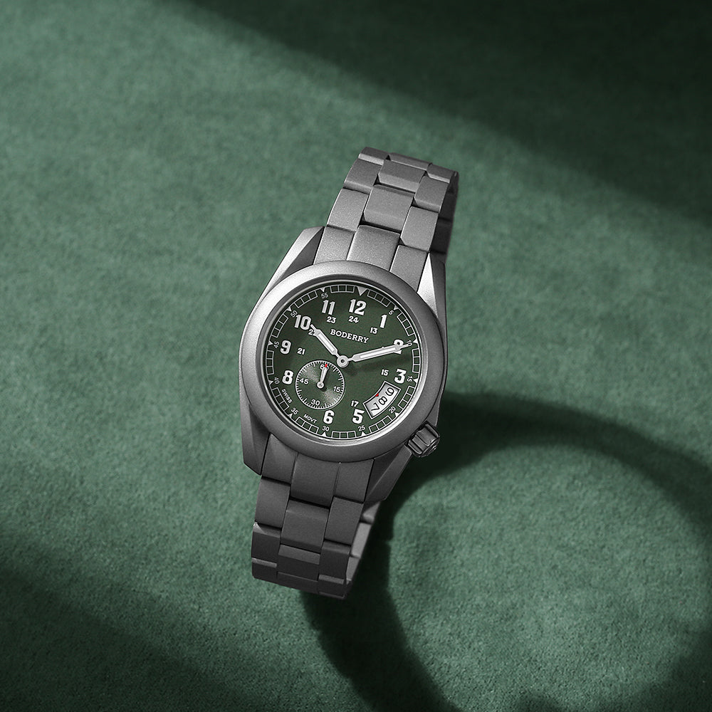 BODERRY - VOYAGER - Titanium Field Watch | Green-bracelet